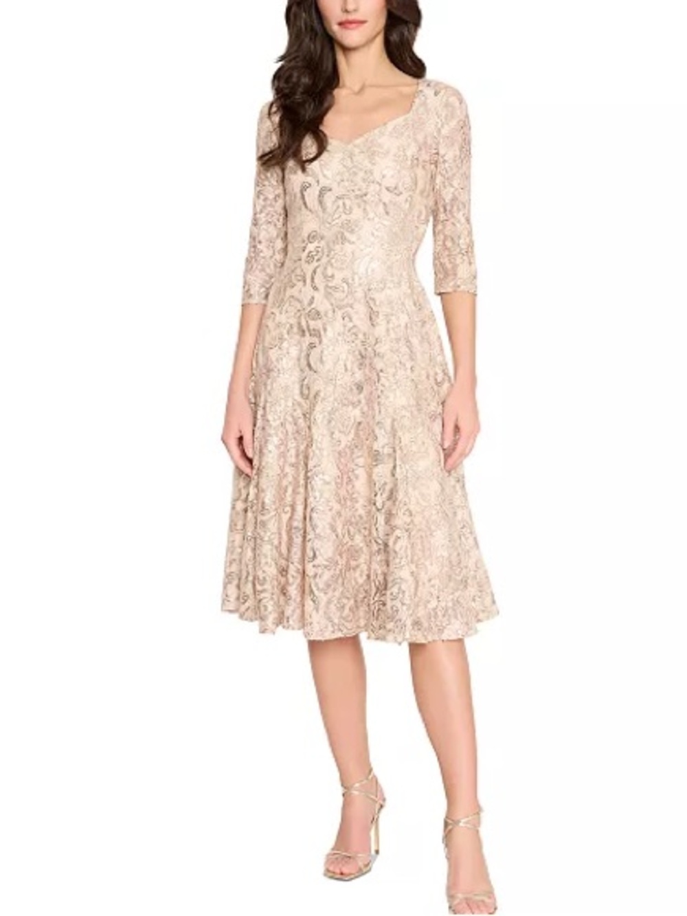 NWT Tahari ASL Champagne Sequined Sweetheart Neck Midi Dress Size 8